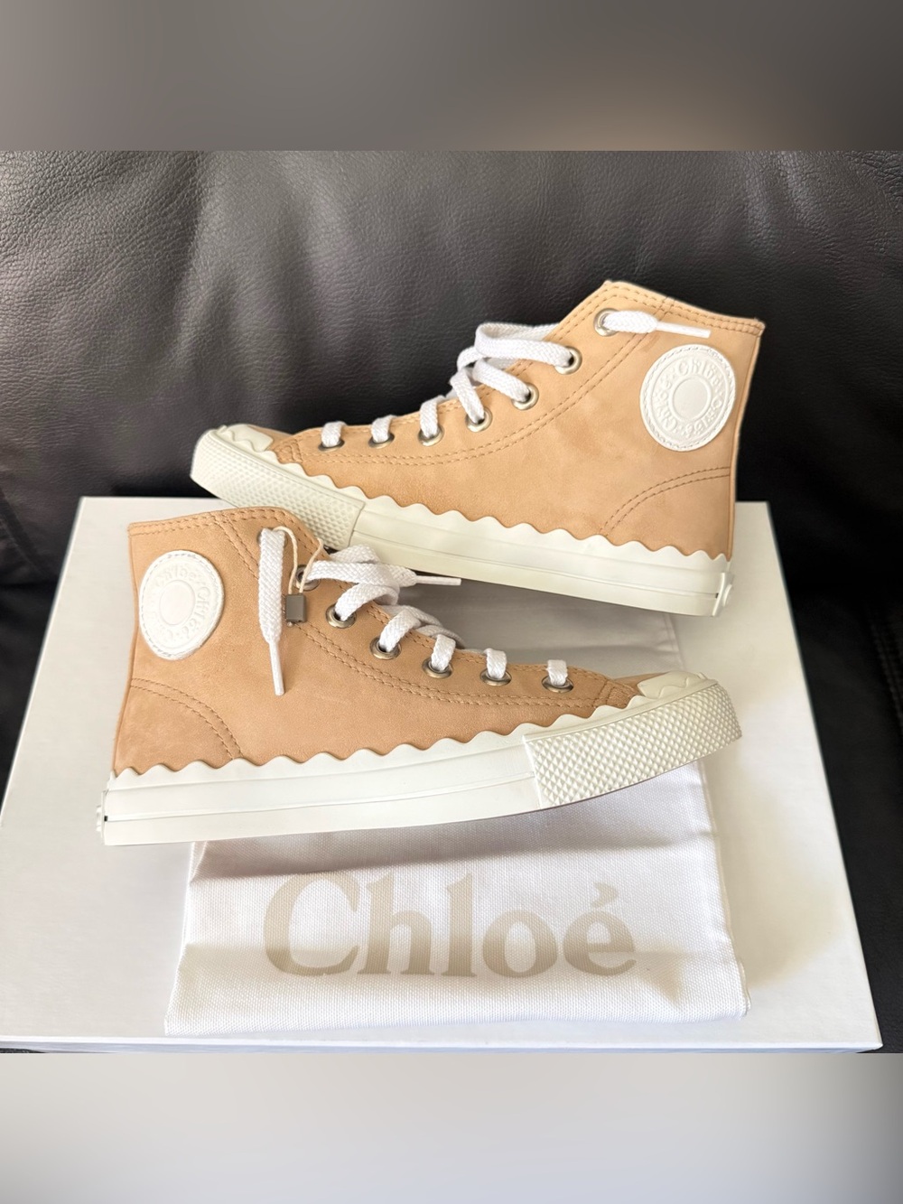 NIB Chloe Kyle Scalloped Suede High Top Sneakers Dark Beige Size 36